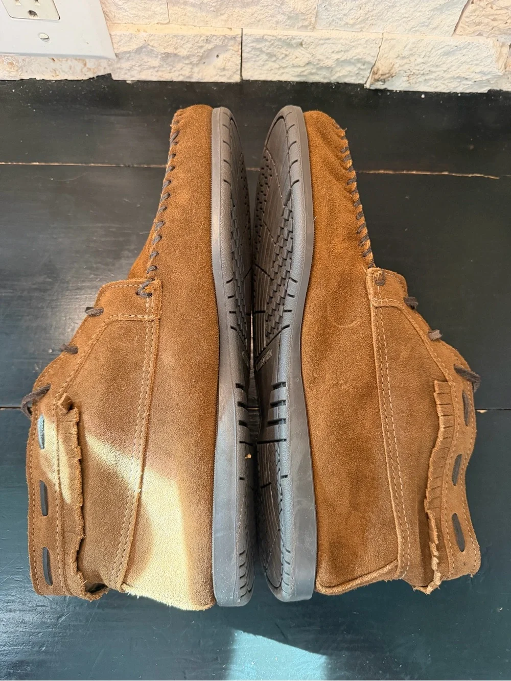 Minnetonka Chukka Boot Fringe Moccasins Vintage Brown Suede Lace Up Men’s 10